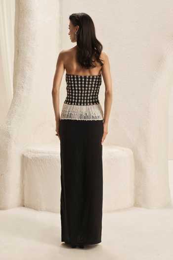 Shop_Nirmooha_Black Crepe, Net, Lycra Embroidery, Pearls, Citadel Corset And Draped Skirt Set _at_Aza_Fashions