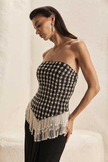 Buy_Nirmooha_Black Crepe, Net, Lycra Embroidery, Pearls, Citadel Corset And Draped Skirt Set _Online_at_Aza_Fashions