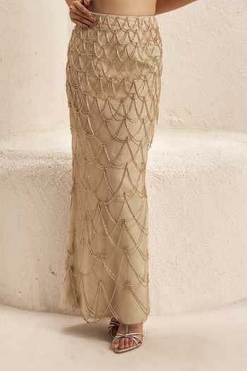Buy_Nirmooha_Ivory Silk, Satin, Bemberg, Taffeta Shawl Mantle Top And Embellished Skirt Set _Online_at_Aza_Fashions