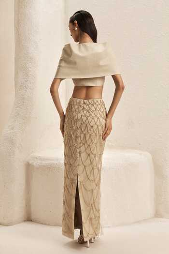 Shop_Nirmooha_Ivory Silk, Satin, Bemberg, Taffeta Shawl Mantle Top And Embellished Skirt Set _at_Aza_Fashions