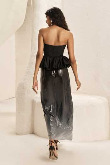 Shop_Nirmooha_Black Silk, Georgette, Taffeta Ascent Peplum Corset And Ombre Skirt Set _at_Aza_Fashions