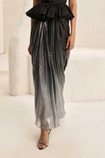 Nirmooha_Black Silk, Georgette, Taffeta Ascent Peplum Corset And Ombre Skirt Set _Online_at_Aza_Fashions