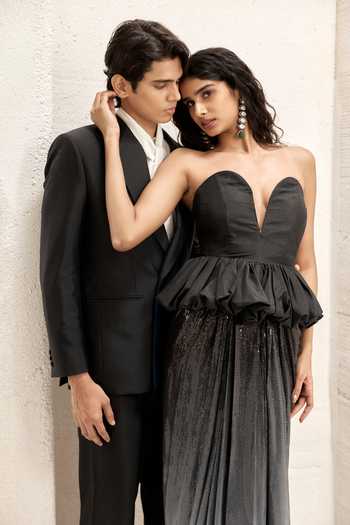 Buy_Nirmooha_Black Silk, Georgette, Taffeta Ascent Peplum Corset And Ombre Skirt Set 