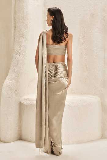 Nirmooha_Beige Satin, Crinkle Serein Metallic Pre Draped Saree With Embroidered Top _Online_at_Aza_Fashions