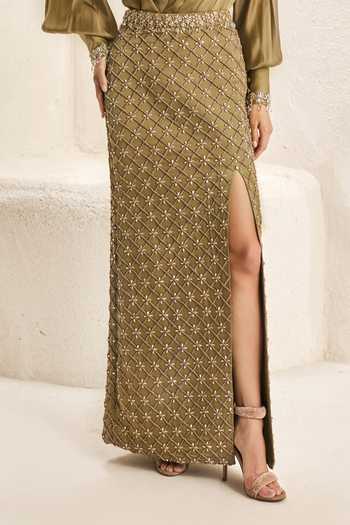 Buy_Nirmooha_Olive Green Satin, Bemberg V-neck, Plunge Mosaic Pattern Top And Slit Skirt Set _Online_at_Aza_Fashions