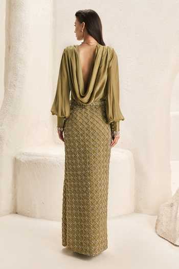 Shop_Nirmooha_Olive Green Satin, Bemberg V-neck, Plunge Mosaic Pattern Top And Slit Skirt Set _at_Aza_Fashions