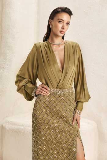 Shop_Nirmooha_Olive Green Satin, Bemberg V-neck, Plunge Mosaic Pattern Top And Slit Skirt Set _Online_at_Aza_Fashions