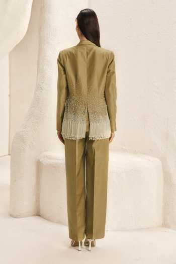 Shop_Nirmooha_Olive Green Silk, Taffeta Collared Cornice Embellished Fringe Blazer And Pant Set _at_Aza_Fashions