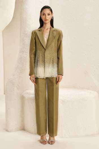 Buy_Nirmooha_Olive Green Silk, Taffeta Collared Cornice Embellished Fringe Blazer And Pant Set _at_Aza_Fashions
