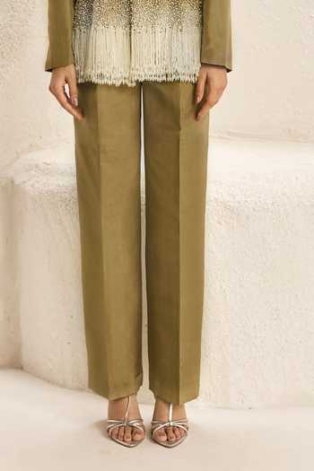 Nirmooha_Olive Green Silk, Taffeta Collared Cornice Embellished Fringe Blazer And Pant Set _Online_at_Aza_Fashions