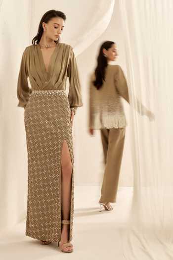 Buy_Nirmooha_Olive Green Silk, Taffeta Collared Cornice Embellished Fringe Blazer And Pant Set _Online_at_Aza_Fashions