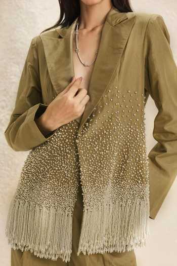 Shop_Nirmooha_Olive Green Silk, Taffeta Collared Cornice Embellished Fringe Blazer And Pant Set _Online_at_Aza_Fashions