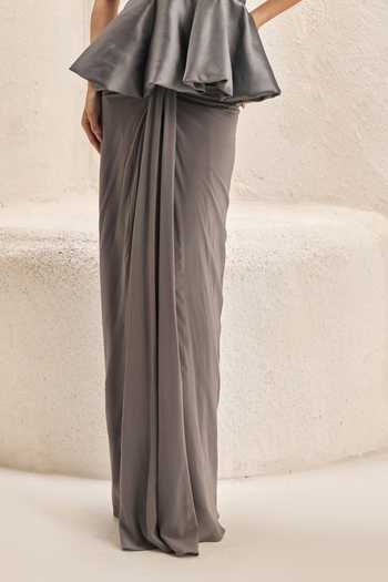 Nirmooha_Grey Silk, Crepe, Lycra, Pilier Metallic Peplum Corset And Draped Skirt Set _Online_at_Aza_Fashions