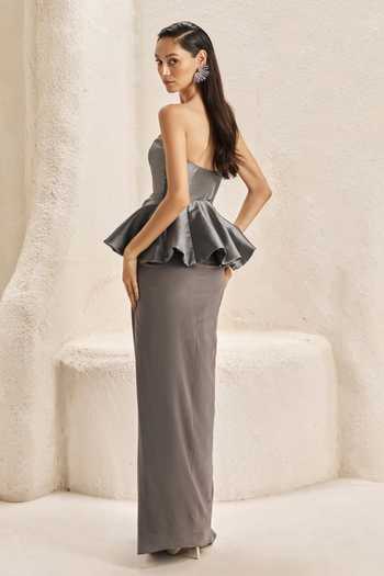 Shop_Nirmooha_Grey Silk, Crepe, Lycra, Pilier Metallic Peplum Corset And Draped Skirt Set _at_Aza_Fashions