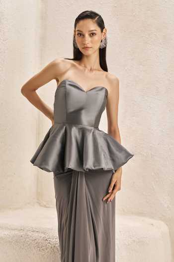 Buy_Nirmooha_Grey Silk, Crepe, Lycra, Pilier Metallic Peplum Corset And Draped Skirt Set _Online_at_Aza_Fashions