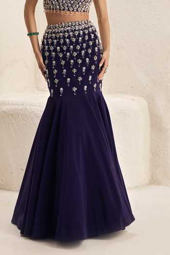 Nirmooha_Purple Crepe, Lycra Bandeau Neck Vesper Embellished Top And Mermaid Skirt Set _Online_at_Aza_Fashions