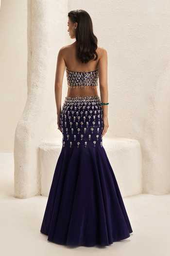 Shop_Nirmooha_Purple Crepe, Lycra Bandeau Neck Vesper Embellished Top And Mermaid Skirt Set _at_Aza_Fashions
