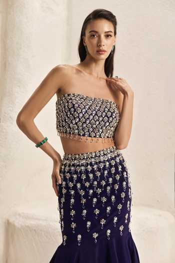 Buy_Nirmooha_Purple Crepe, Lycra Bandeau Neck Vesper Embellished Top And Mermaid Skirt Set _Online_at_Aza_Fashions