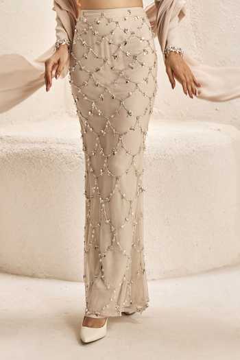 Buy_Nirmooha_Ivory Satin, Net, Bemberg, Microfiber Crescent Embellished Crop Top Skirt Set _Online_at_Aza_Fashions