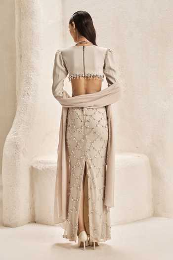 Nirmooha_Ivory Satin, Net, Bemberg, Microfiber Crescent Embellished Crop Top Skirt Set _Online_at_Aza_Fashions