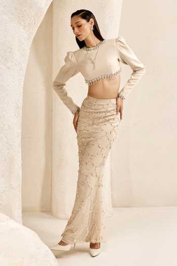 Shop_Nirmooha_Ivory Satin, Net, Bemberg, Microfiber Crescent Embellished Crop Top Skirt Set 