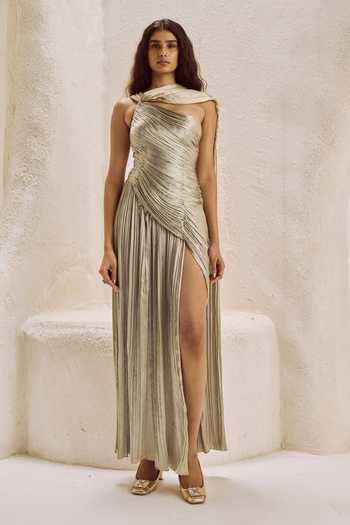 Shop_Nirmooha_Beige Satin, Crinkle Asymmetric Neck, One Shoulder Sanctum Metallic Ruched Gown _at_Aza_Fashions