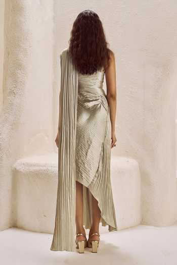 Nirmooha_Beige Satin, Crinkle Asymmetric Neck, One Shoulder Sanctum Metallic Ruched Gown _Online_at_Aza_Fashions