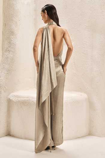 Nirmooha_Beige Satin, Crinkle Halter Neck, Lucent Metallic Scarf Bodysuit And Pant Set _Online_at_Aza_Fashions