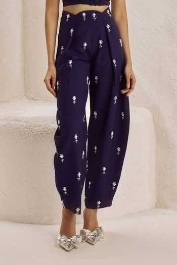Nirmooha_Purple Suiting Plunge Neck Archivolt Top And Embellished Barrel Pant Set _Online_at_Aza_Fashions