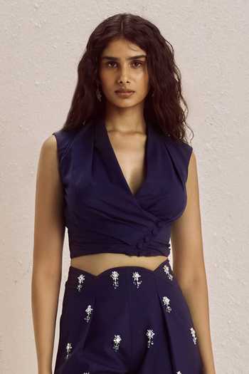 Buy_Nirmooha_Purple Suiting Plunge Neck Archivolt Top And Embellished Barrel Pant Set _Online_at_Aza_Fashions