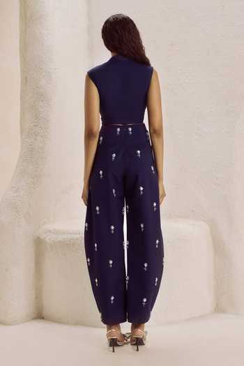 Shop_Nirmooha_Purple Suiting Plunge Neck Archivolt Top And Embellished Barrel Pant Set _at_Aza_Fashions