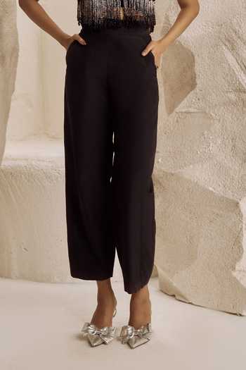Nirmooha_Black Silk, Crepe, Net, Lycra, Taffeta Axiom Embellished Fringe Top And Pant Set _Online_at_Aza_Fashions