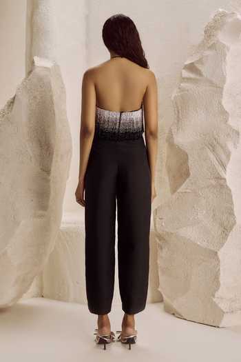 Shop_Nirmooha_Black Silk, Crepe, Net, Lycra, Taffeta Axiom Embellished Fringe Top And Pant Set _at_Aza_Fashions