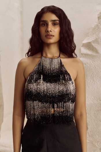 Buy_Nirmooha_Black Silk, Crepe, Net, Lycra, Taffeta Axiom Embellished Fringe Top And Pant Set _Online_at_Aza_Fashions