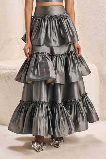 Nirmooha_Silver Silk, Taffeta Sweetheart Tierce Metallic Corset And Tiered Ruffle Skirt Set _Online_at_Aza_Fashions