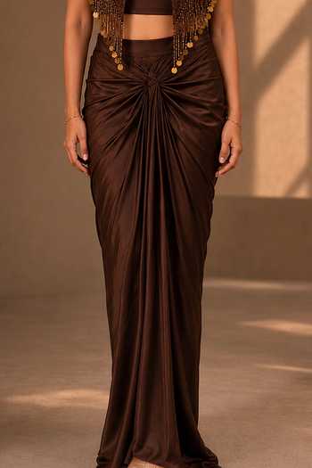 Vridhi Somaani_Brown Satin, Lace, Chantilly V-neck, Blair Collar Embroidered Cape Skirt Set _Online_at_Aza_Fashions
