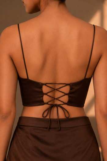 Buy_Vridhi Somaani_Brown Satin, Lace, Chantilly V-neck, Blair Collar Embroidered Cape Skirt Set _Online_at_Aza_Fashions