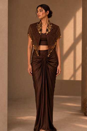 Buy_Vridhi Somaani_Brown Satin, Lace, Chantilly V-neck, Blair Collar Embroidered Cape Skirt Set _at_Aza_Fashions