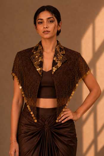 Shop_Vridhi Somaani_Brown Satin, Lace, Chantilly V-neck, Blair Collar Embroidered Cape Skirt Set _Online_at_Aza_Fashions