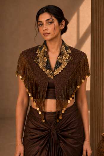 Vridhi Somaani_Brown Satin, Lace, Chantilly V-neck, Blair Collar Embroidered Cape Skirt Set _at_Aza_Fashions