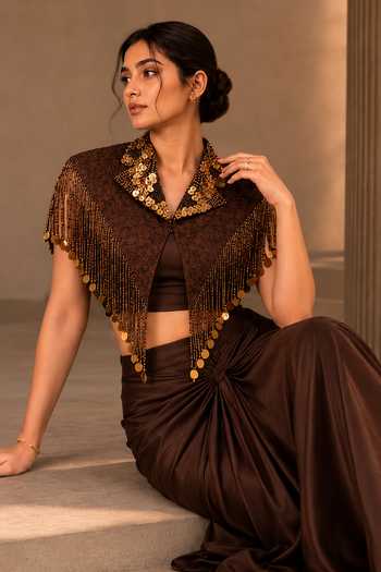 Buy_Vridhi Somaani_Brown Satin, Lace, Chantilly V-neck, Blair Collar Embroidered Cape Skirt Set 