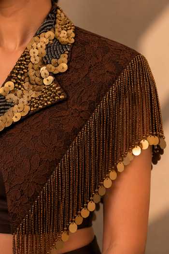 Shop_Vridhi Somaani_Brown Satin, Lace, Chantilly V-neck, Blair Collar Embroidered Cape Skirt Set 