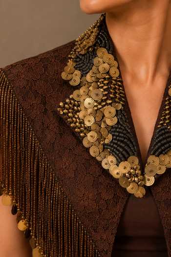 Vridhi Somaani_Brown Satin, Lace, Chantilly V-neck, Blair Collar Embroidered Cape Skirt Set _Online