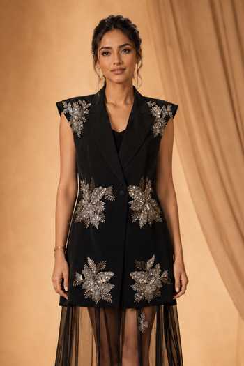 Vridhi Somaani_Black Organza Collared Neck, Anne Hand Embroidered Jacket Set _Online_at_Aza_Fashions