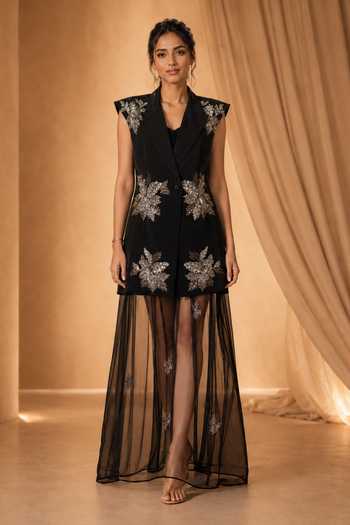 Buy_Vridhi Somaani_Black Organza Collared Neck, Anne Hand Embroidered Jacket Set _at_Aza_Fashions