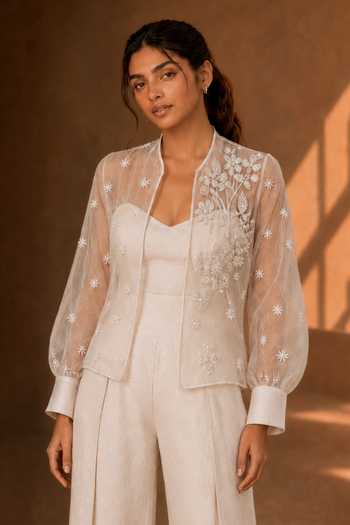 Vridhi Somaani_Ivory Organza Sweetheart Neck, Open Mila Sheer Embroidered Jacket With Jumpsuit _Online_at_Aza_Fashions