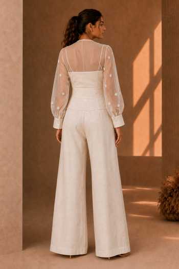 Shop_Vridhi Somaani_Ivory Organza Sweetheart Neck, Open Mila Sheer Embroidered Jacket With Jumpsuit _at_Aza_Fashions