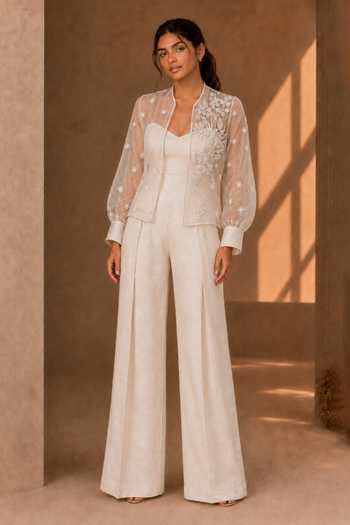 Buy_Vridhi Somaani_Ivory Organza Sweetheart Neck, Open Mila Sheer Embroidered Jacket With Jumpsuit _at_Aza_Fashions