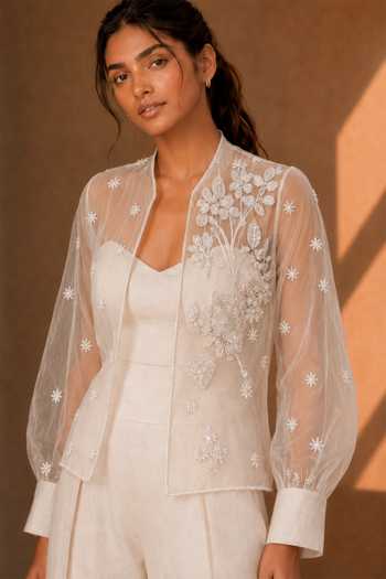 Buy_Vridhi Somaani_Ivory Organza Sweetheart Neck, Open Mila Sheer Embroidered Jacket With Jumpsuit _Online_at_Aza_Fashions