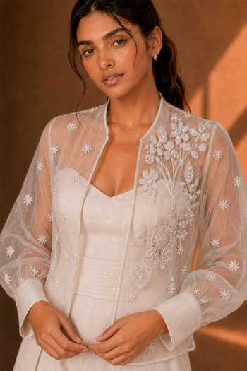 Shop_Vridhi Somaani_Ivory Organza Sweetheart Neck, Open Mila Sheer Embroidered Jacket With Jumpsuit _Online_at_Aza_Fashions